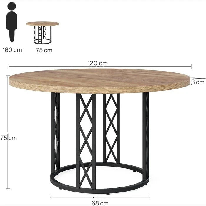 Industrial Round Dining Table with Rustic Wood Top & X-Frame Metal Base, Modern Farmhouse Kitchen Table for Dining Room