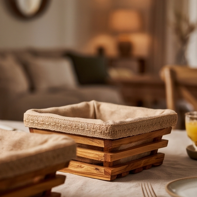 Handcrafted Olive Wood Bread Basket with Removable Fabric Liner