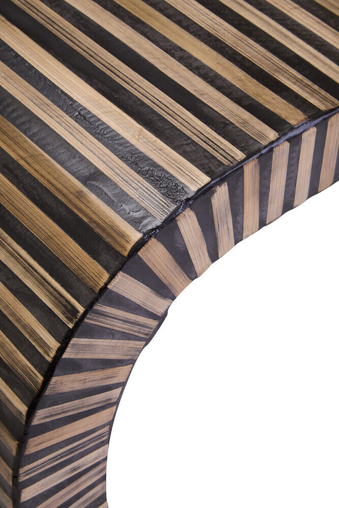 Natural finish curved bamboo coffee table with striped bamboo inlay by Orsina, showcasing smooth curves and intricate bamboo pattern.