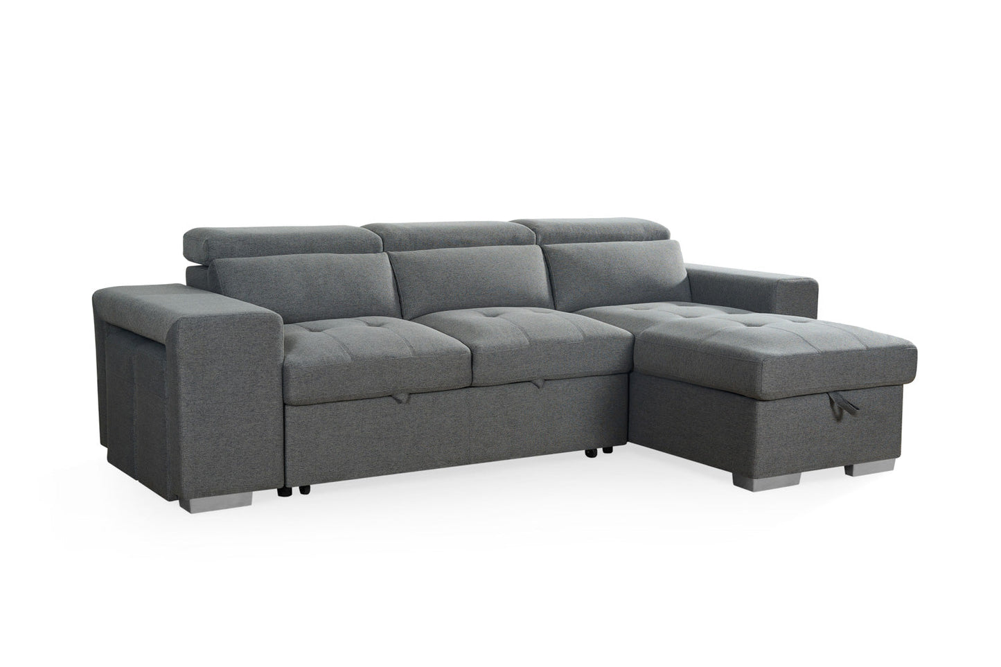Grey Artemis universal corner sofabed with storage and easy conversion, featuring plush cushions and contemporary design.