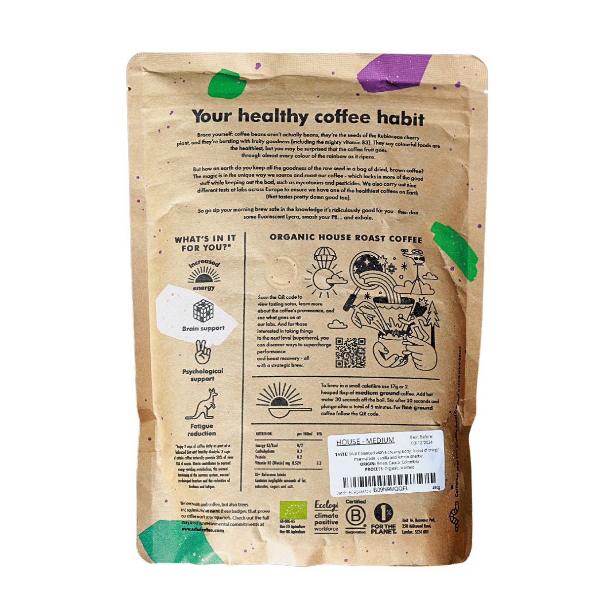 Back of Exhale Healthy Coffee Organic House Roast coffee pack showing branding and packaging details.