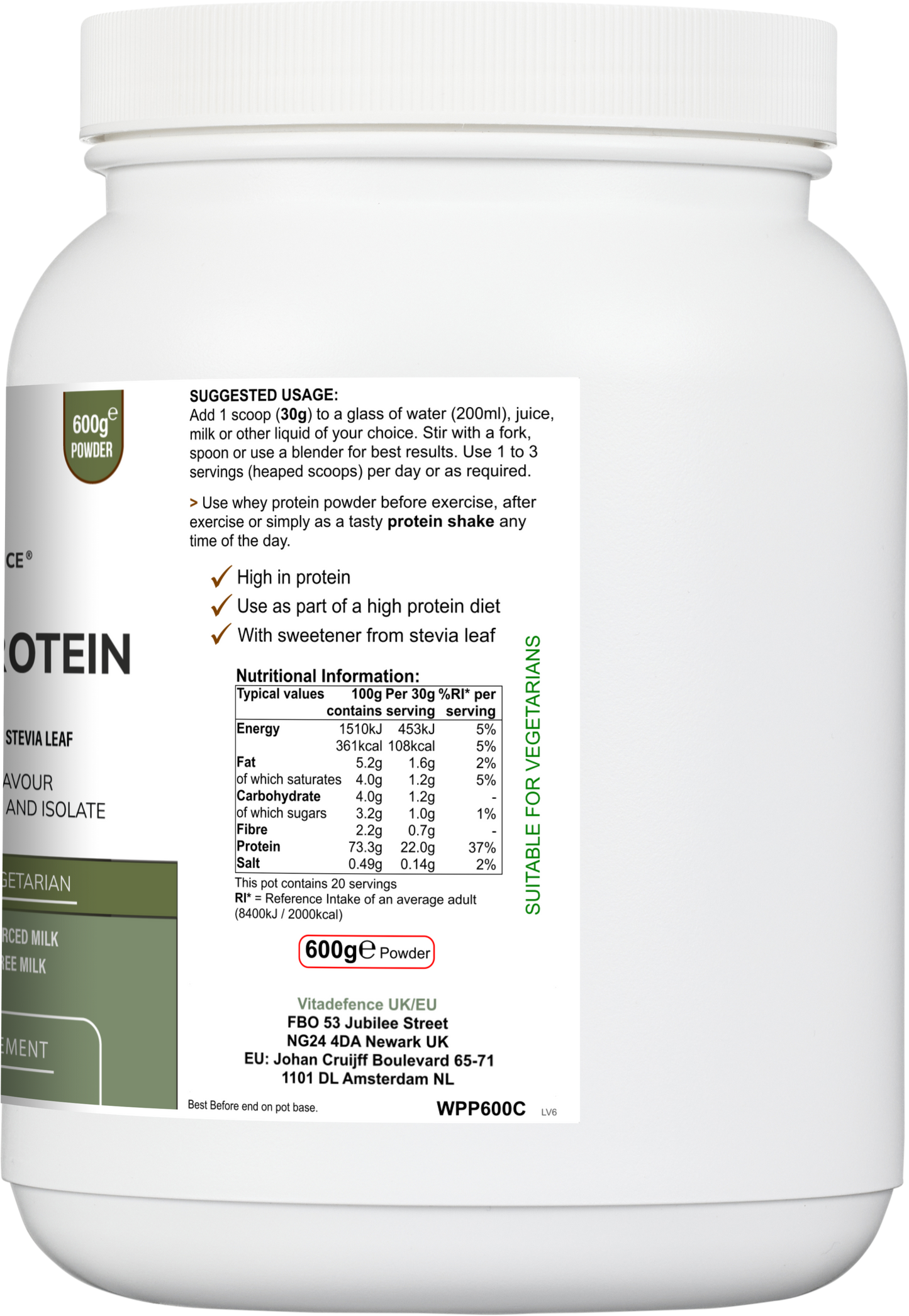 Vitadefence® Whey Protein Multi chocolate flavor supplement in a 600g round jar, side view showing label and product packaging.