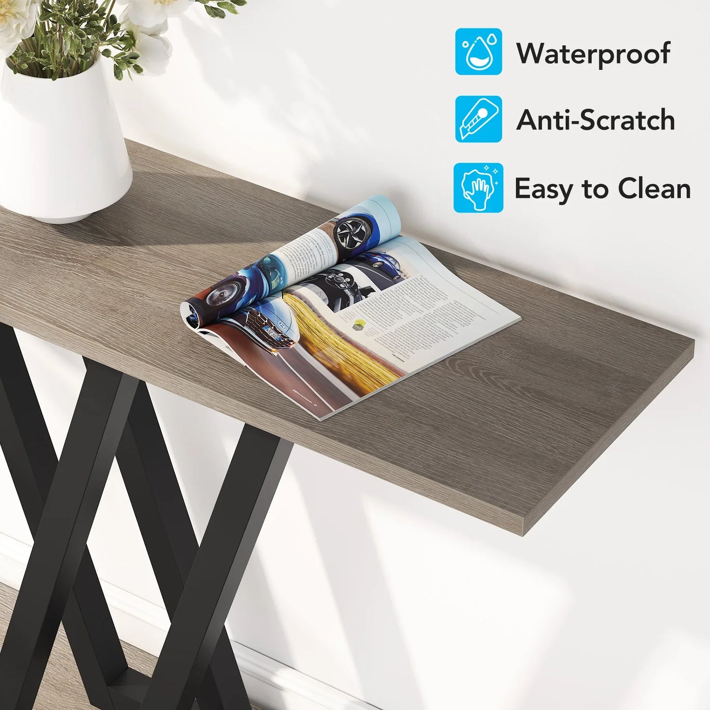 Industrial console table by Klassyx featuring a sturdy metal frame and wooden top, perfect for modern home or office decor.