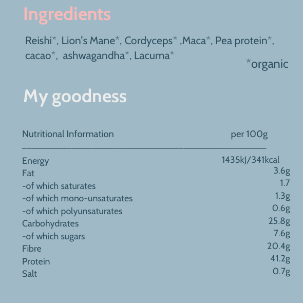 Marvelloussuperfood Renewal Blend with superfoods and protein powders in a colorful container, ready for healthy smoothies.