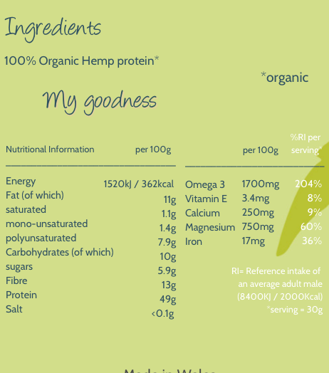 Organic hemp protein powder by Marvellous Superfood, showing a close-up of the green, powdery superfood in a container.