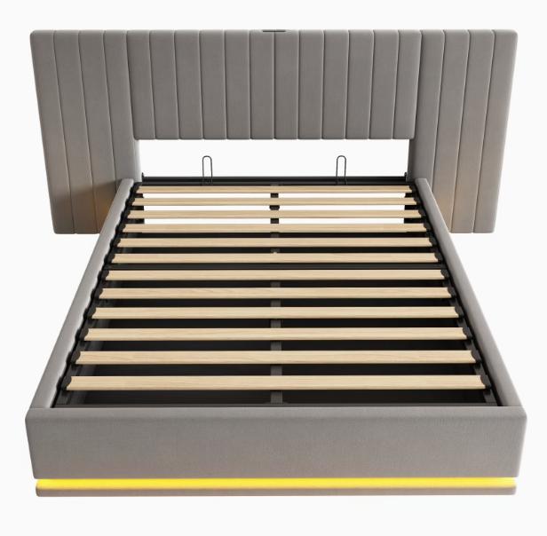 DEPOT King bed with LED lighting, PU leather upholstery, 5ft size, hydraulic storage, stylish bedroom furniture.