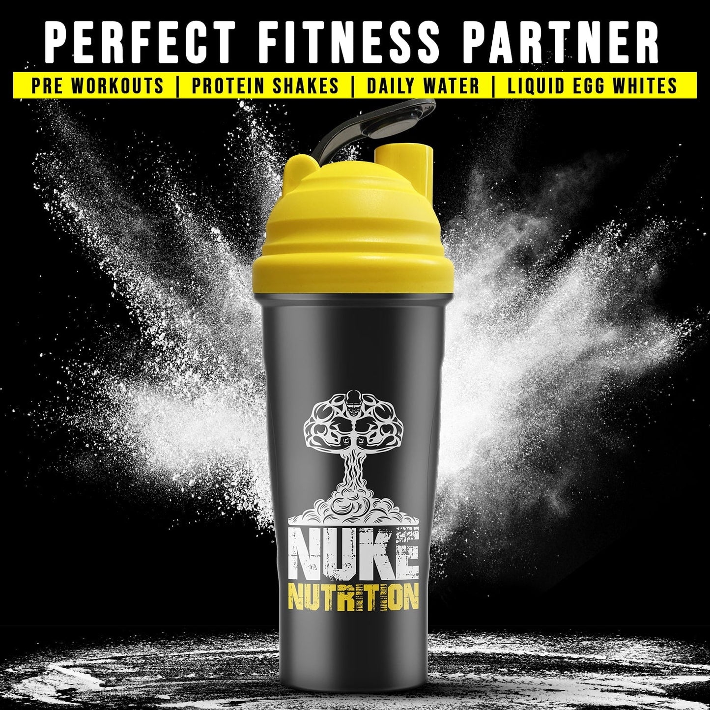 Nuke Nutrition 700ml protein shaker bottle with easy-clean design and dishwasher-safe features for gym and fitness use.