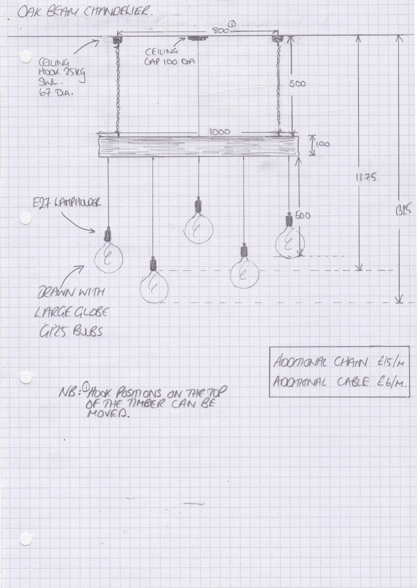 Rustic 300-year-old reclaimed oak beam chandelier with five light holders, MooBoo Home ceiling lighting fixture.