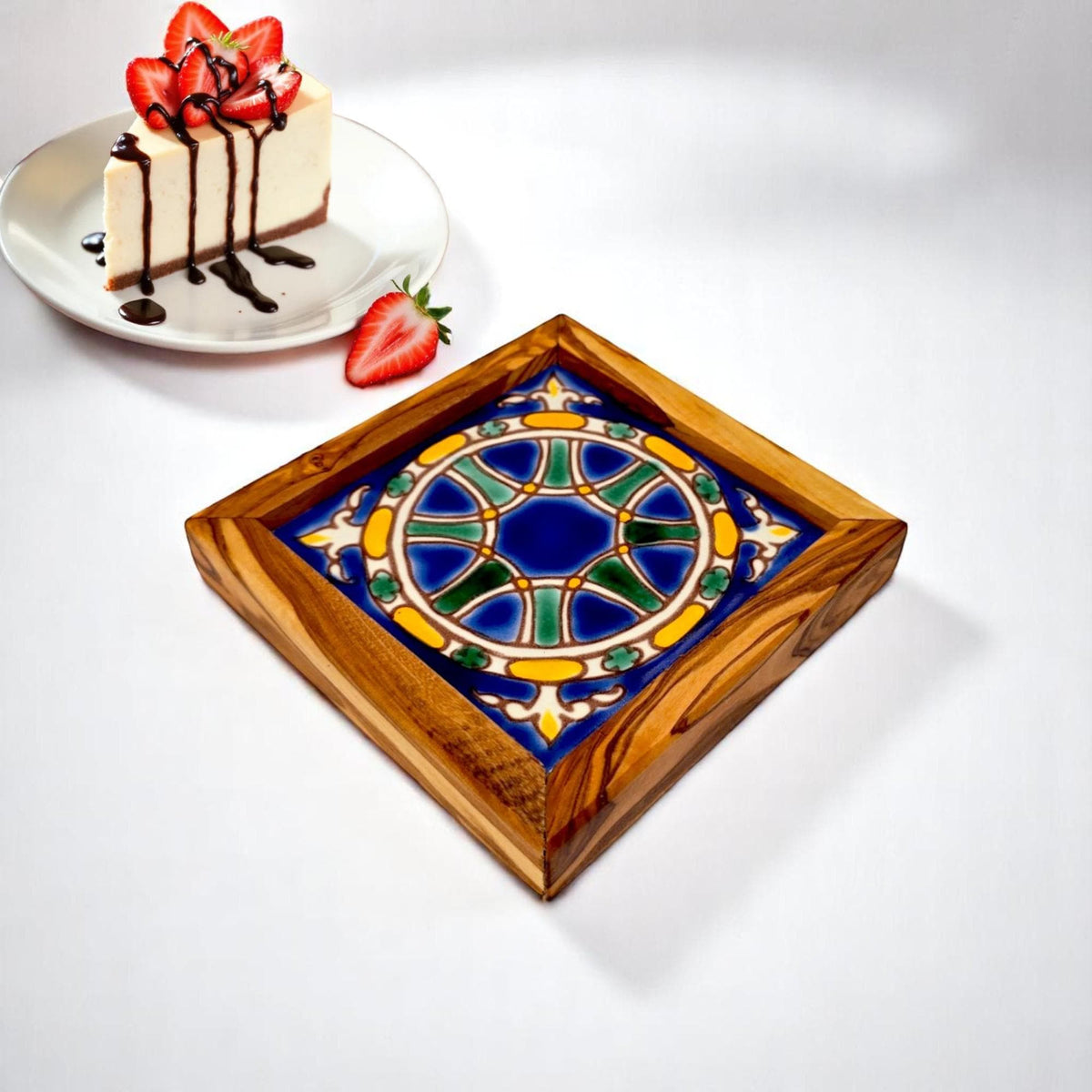 Square Olive Wood Ceramic Tray | Rustic Serving & Décor Accent
