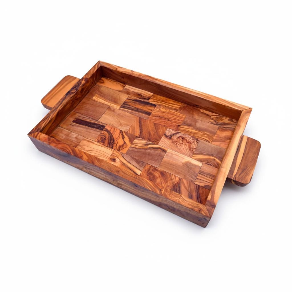 Handcrafted Olive Wood Serving Tray with Handles | Large Rectangular Wooden Serving Board