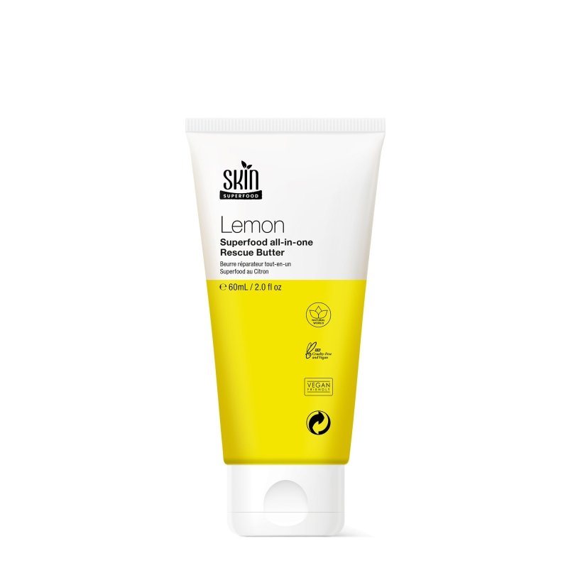 Dr Botanicals Lemon Superfood Rescue Butter 60ml moisturizer with lemon extract and nourishing ingredients in a sleek jar.