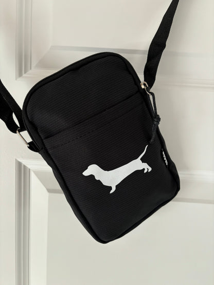 Dachshund Sausage Dog cross body bag with pouch and zipper, featuring detailed dog print from The Bonnie Hound.