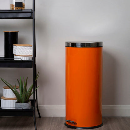 Orange 30L pedal bin by Orsina, with a sleek plastic design and foot pedal for hands-free waste disposal.