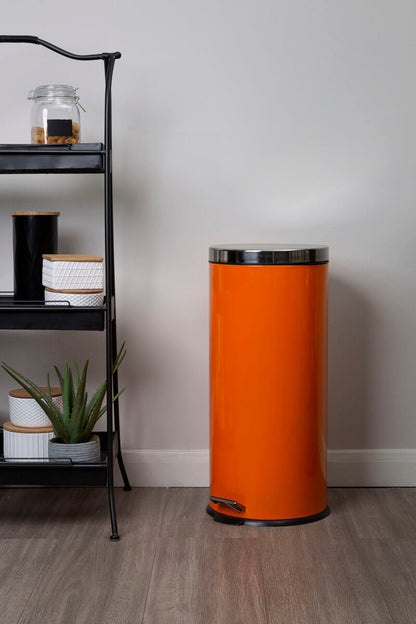 Orsina Miller Orange 30 Litre pedal bin with foot pedal and durable plastic body, ideal for kitchen or office waste disposal.