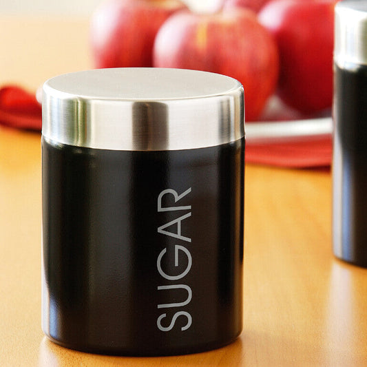 Orsina Liberty Black enamel sugar canister with silver lid, featuring a sleek, decorative design for kitchen storage.