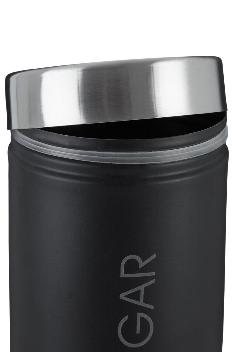 Orsina Liberty Black enamel sugar canister with silver lid, decorative kitchen storage canister, side view showing glossy finish