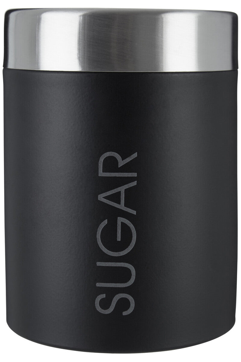 Orsina Liberty Black enamel sugar canister with silver lid, featuring a glossy black finish and sleek metallic accents.