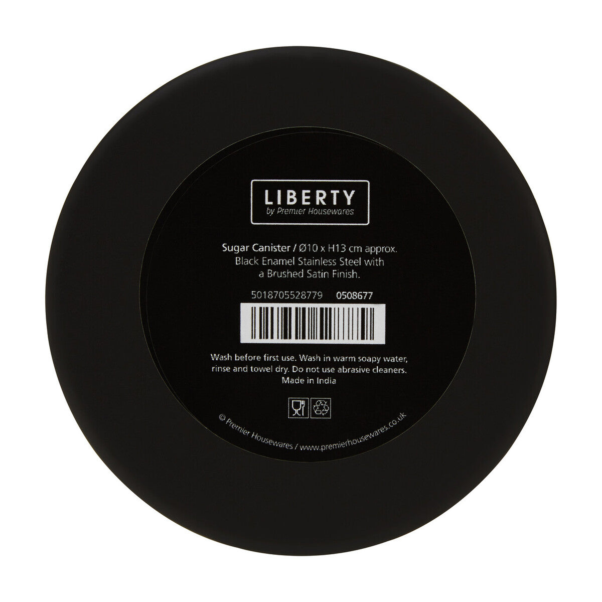 Orsina Liberty Black enamel sugar canister with silver lid, featuring a sleek, decorative design for kitchen storage.
