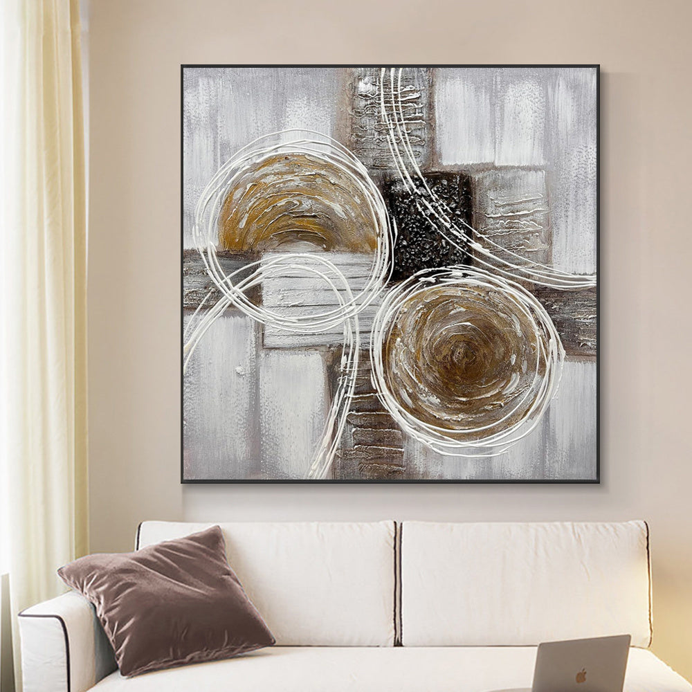 Modern oil painting of an abstract landscape with brown and black thick oil textures, suitable for living room decor.