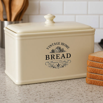 Vintage Orsina cream ceramic bread bin with a classic design, featuring a lid and handle for stylish kitchen storage.