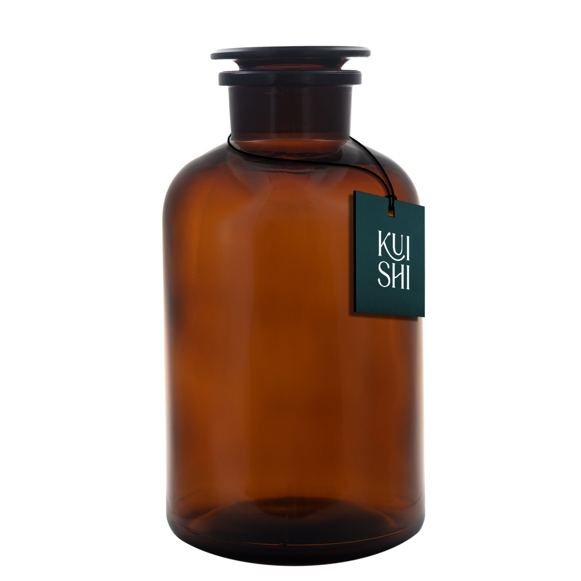 Amber glass apothecary jar for bathroom decor, 1-litre size, by Kuishi, with a clear lid and vintage apothecary style.