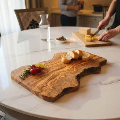 Large Handmade Olive Wood Freeform Serving Board | Extra Large Live Edge Charcuterie & Chopping Board | Unique Grain | 35–60 cm