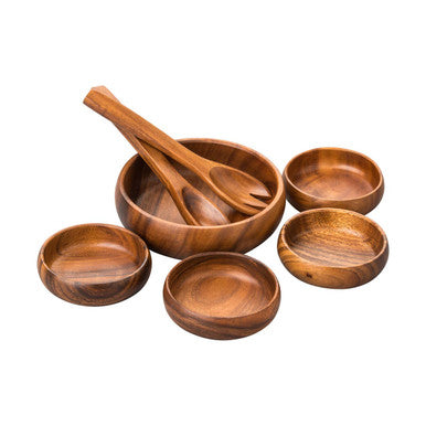 Orsina Kora Acacia 7-piece salad serving set with wooden bowls and utensils, ideal for serving salads and appetizers.