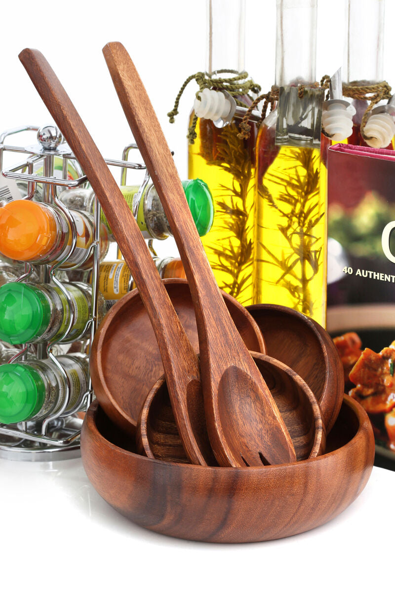 Orsina Kora Acacia 7-piece salad serving set with wooden bowls and utensils, ideal for serving salads and appetizers.