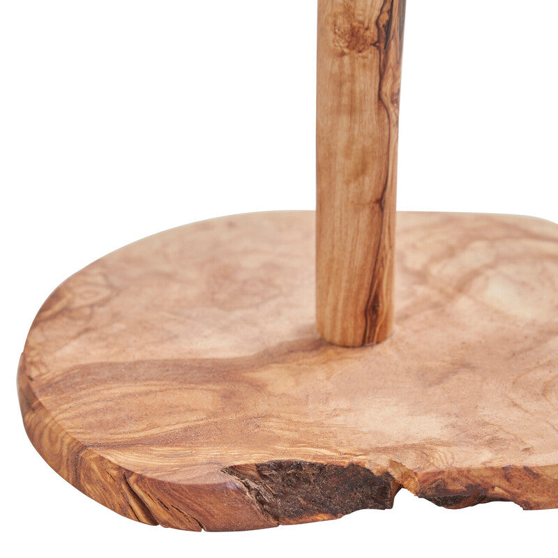 Orsina Kora olive wood kitchen roll holder with a sleek, natural wood finish designed for countertop use.