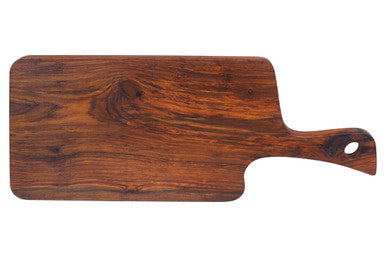 Organic shaped tropical rosewood serving board by Orsina with natural finish, ideal for serving or cutting food.