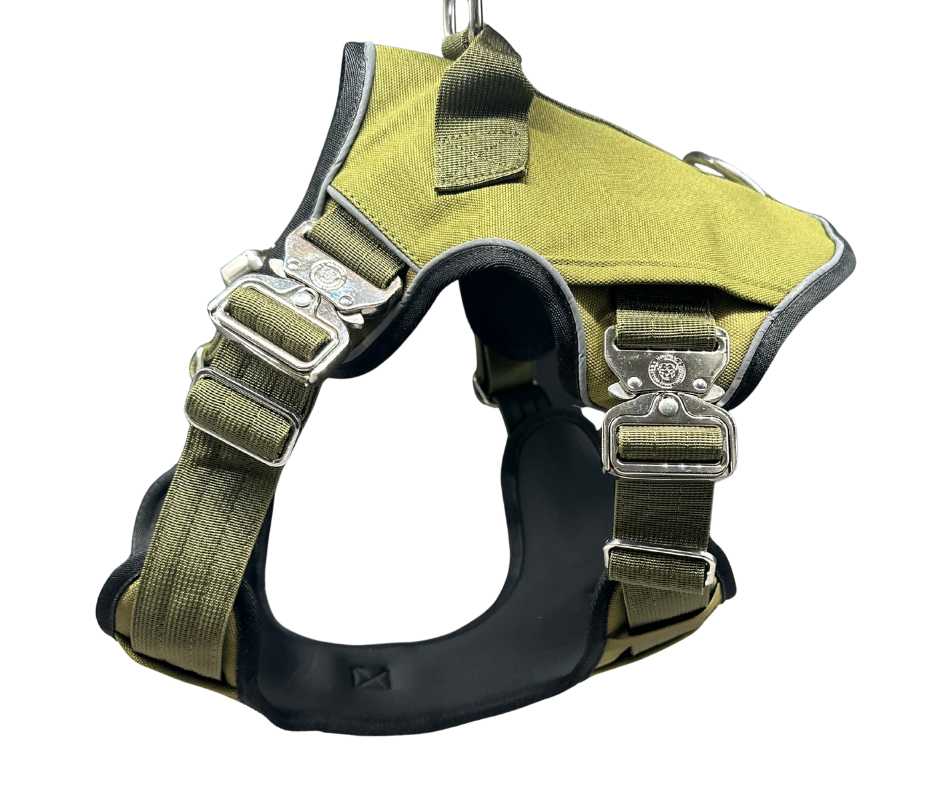 Dog collar featuring the No Pull Ultimate BTactical™ Harness in khaki green, adjustable with sturdy buckle and D-ring for leash attachment.