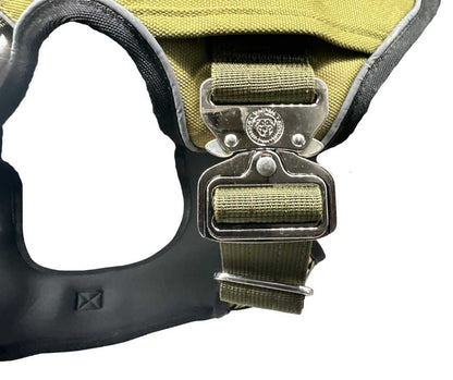 Dog wearing BTactical No Pull Ultimate BTactical™ Harness in khaki green, showcasing adjustable straps and sturdy construction.