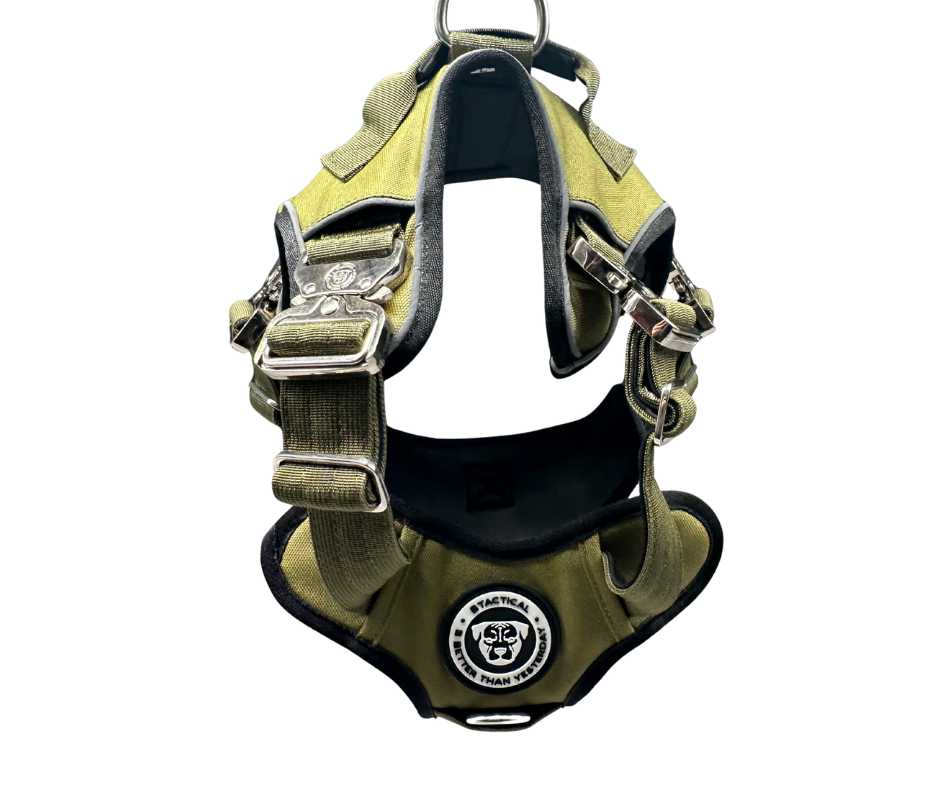 BTactical No Pull Ultimate BTactical™ dog harness in khaki green with adjustable straps and padded chest for comfortable control.