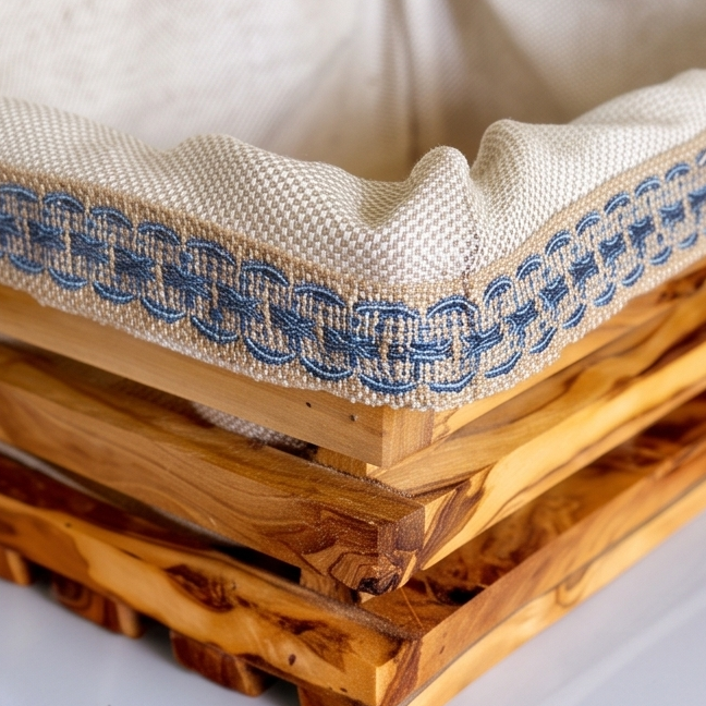 Handcrafted Olive Wood Bread Basket with Removable Fabric Liner | Rustic Tray