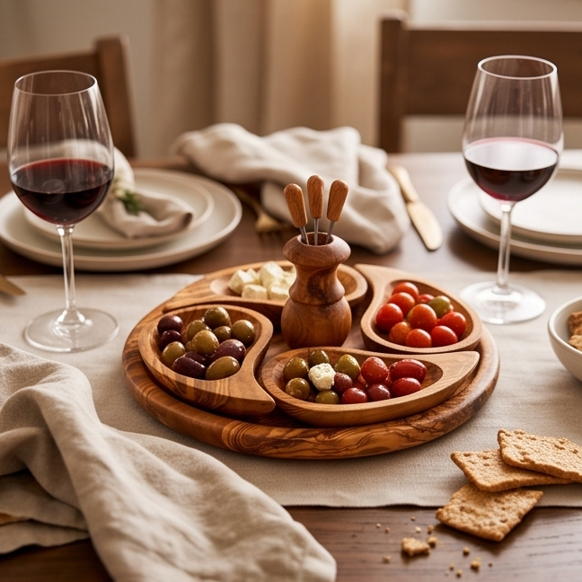 Handcrafted 4-Section Olive Wood Appetizer Serving Tray Set | 21 cm