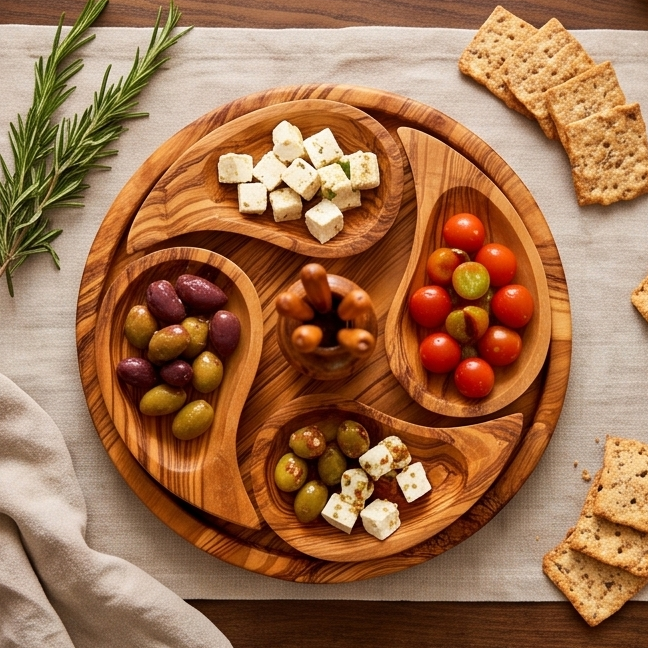 Handcrafted 4-Section Olive Wood Appetizer Serving Tray Set | 21 cm