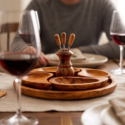 Handcrafted 4-Section Olive Wood Appetizer Serving Tray Set | 21 cm