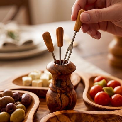 Handcrafted 4-Section Olive Wood Appetizer Serving Tray Set | 21 cm