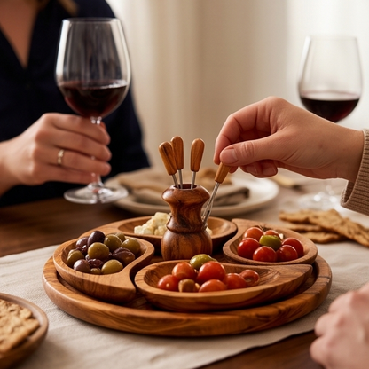 Handcrafted 4-Section Olive Wood Appetizer Serving Tray Set | 21 cm