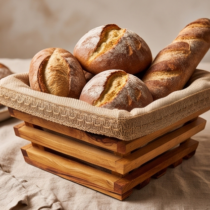 Handcrafted Olive Wood Bread Basket with Removable Fabric Liner | Rustic Tray