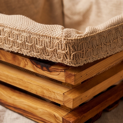 Handcrafted Olive Wood Bread Basket with Removable Fabric Liner