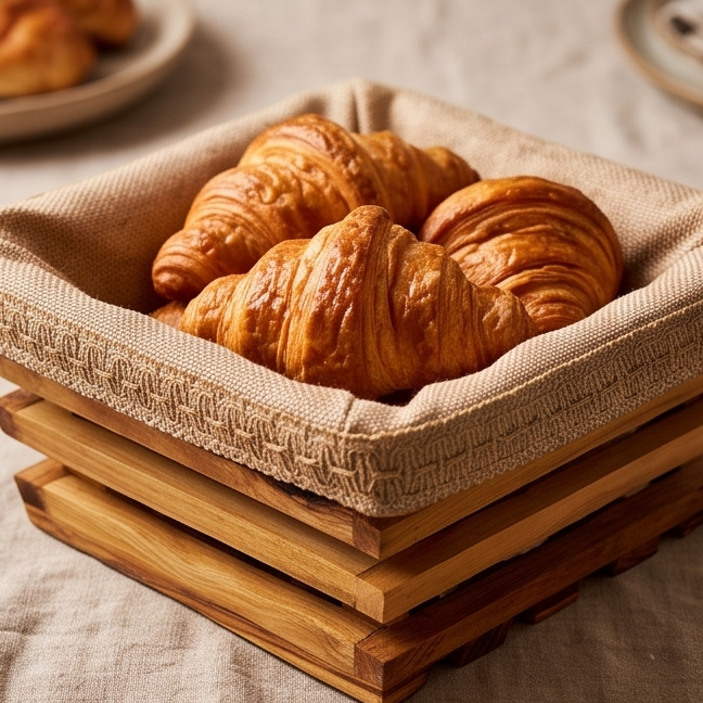 Handcrafted Olive Wood Bread Basket with Removable Fabric Liner