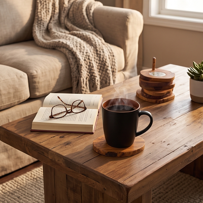 Handcrafted Olive Wood Coaster Set - Rustic Drink Coasters with Ceramic Inlay