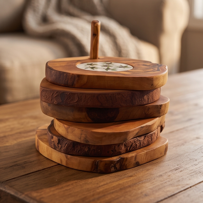 Handcrafted Olive Wood Coaster Set - Rustic Drink Coasters with Ceramic Inlay