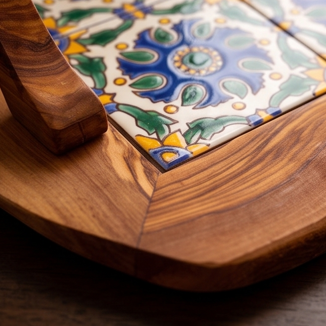 Rustic Olive Wood Ceramic Tray with Handle, serving tray, natural, handmade, gift