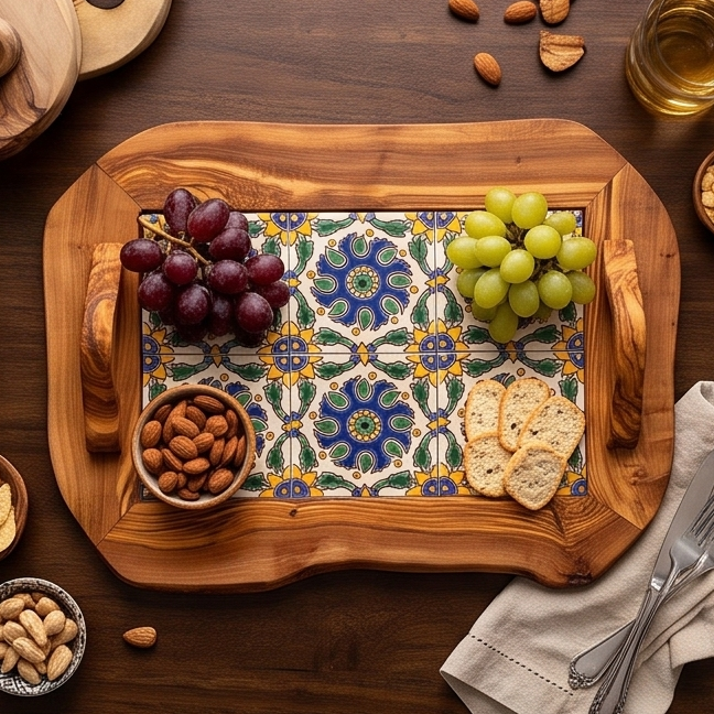 Rustic Olive Wood Ceramic Tray with Handle, serving tray, natural, handmade, gift