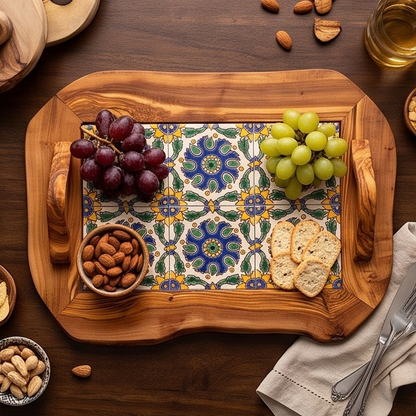 Rustic Olive Wood Ceramic Tray with Handle, serving tray, natural, handmade, gift