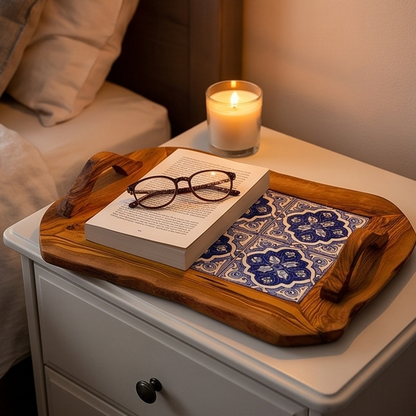 Rustic Olive Wood Ceramic Tray with Handle, serving tray, natural, handmade, gift