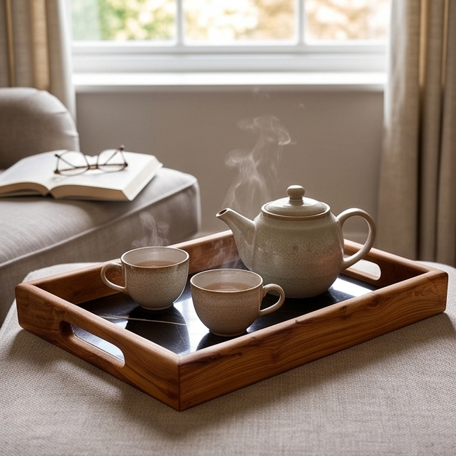 Rectangular Olive Wood Marble-Effect Tray with Handles