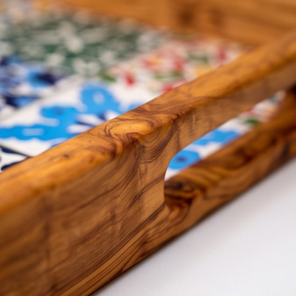 Olive Wood Rectangular Olive Wood Ceramic Tray with Handle 40 cm * 25 cm